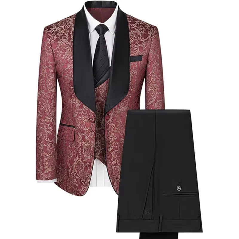 メンズ向けカスタム3ピースペイズリースーツセット |   スリムフィットタキシードジャケット+ベスト+パンツ |   ショールラペル ウェディングブレザー 新郎フォーマル