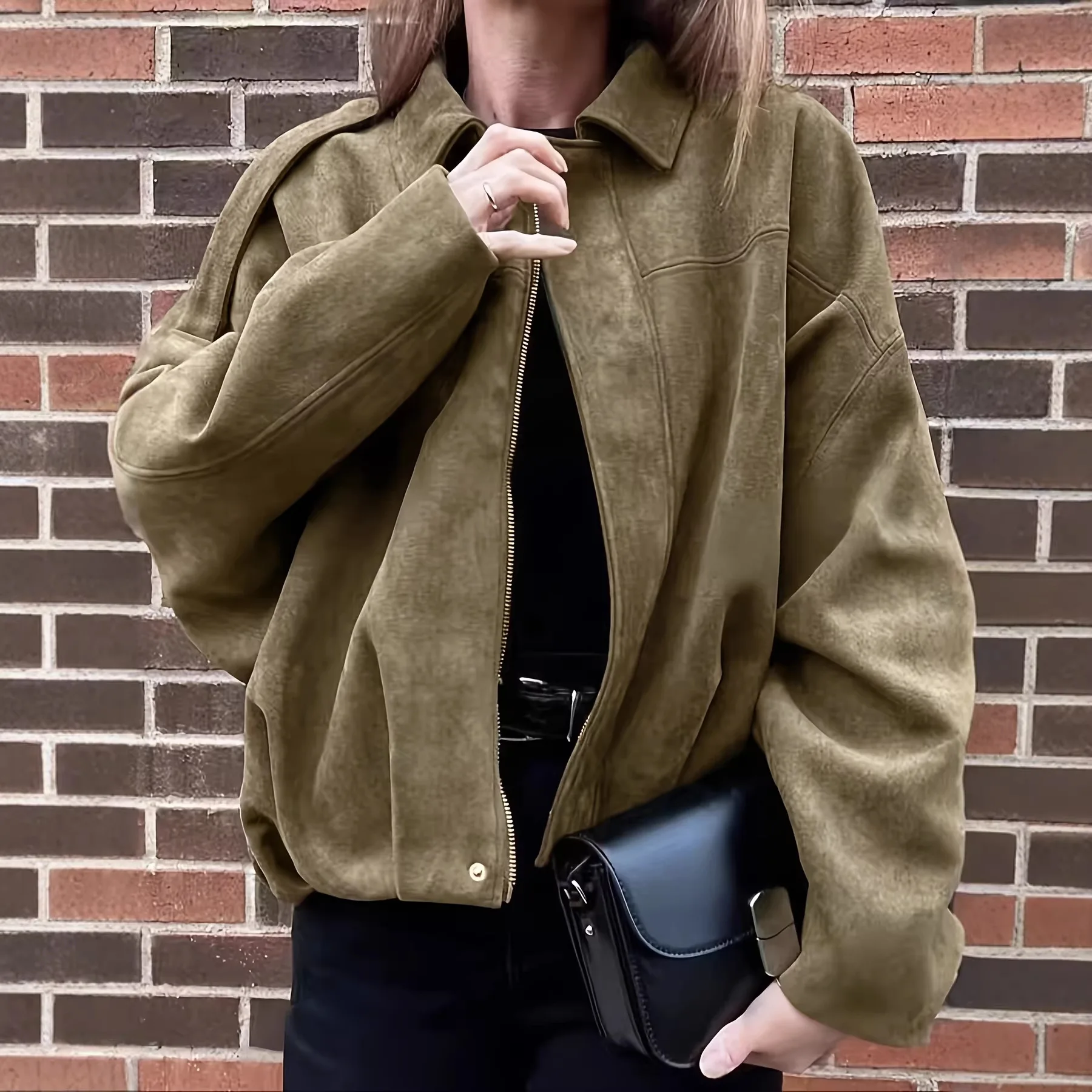 2026 Vintage Faux Suede Jacket Point Collar Zip‑Up Cropped Loose Multi‑Color Casual Cargo Women Outerwear women's suede jacket