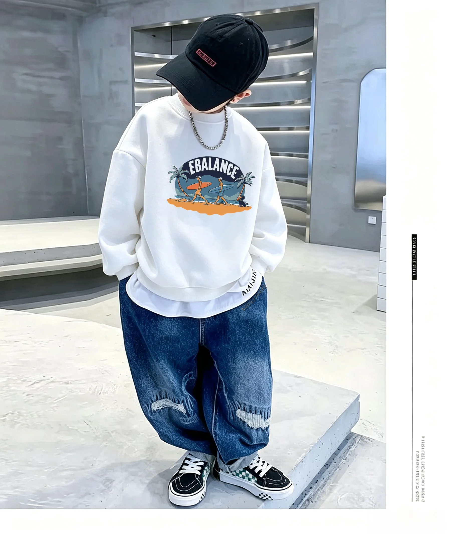 Autumn Winter EBALANCE Beach Surfer Palm Tree Front Print Boys Girls Long Sleeve Pullover Tops Children Streetwear Warm Sweater