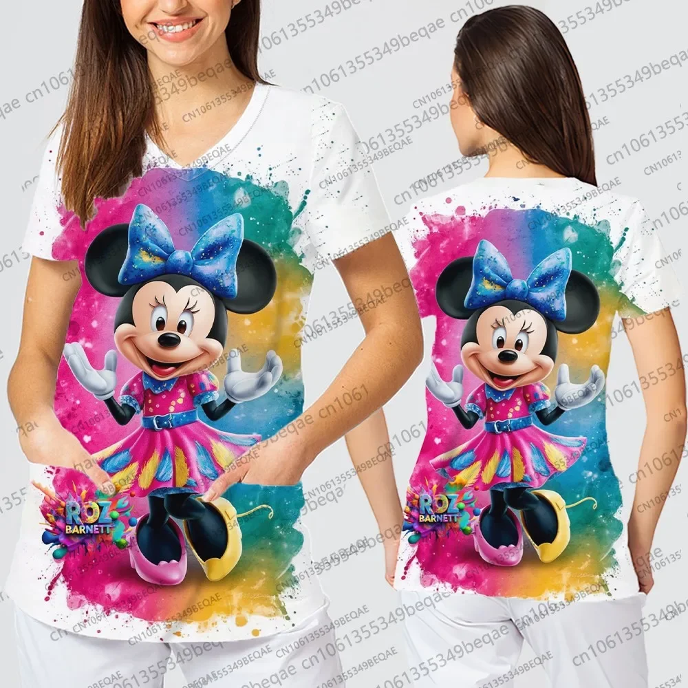 العصرية Y2k نمط الخامس الرقبة المرأة تي شيرت قصيرة الأكمام تنفس ممرضة موحدة ديزني مستوحاة تصميم الإناث الزي غير رسمي #2