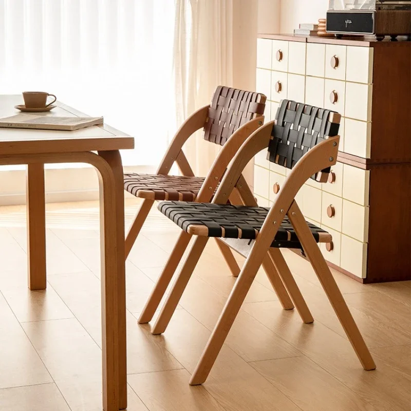 

Medieval solid wood dining chair household small apartment foldable saddle leather