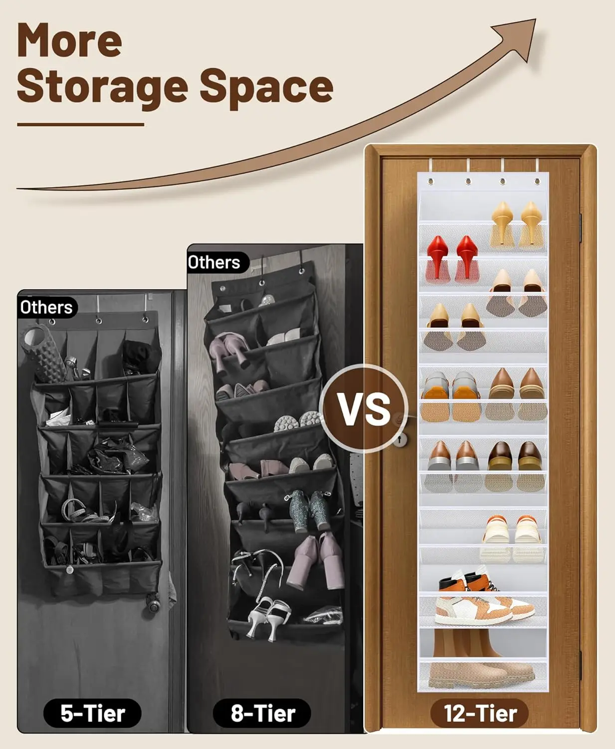 12-Tier Over Door Shoe Rack, Holds 24 Pairs, Space-Saving, White - view 3