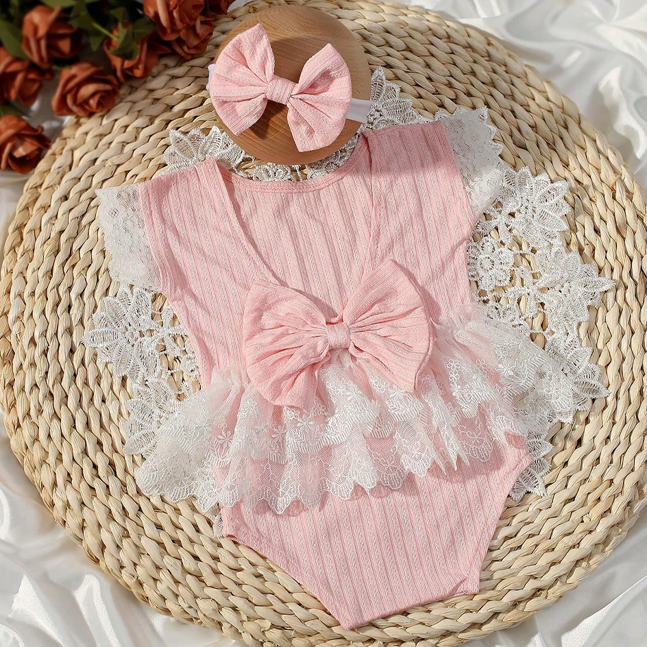 Ylsteed Newborn Girl Photography Outfits with Bow Headband Pink Lace Romper for Photo Shooting Photo Studio Infant Picture Props