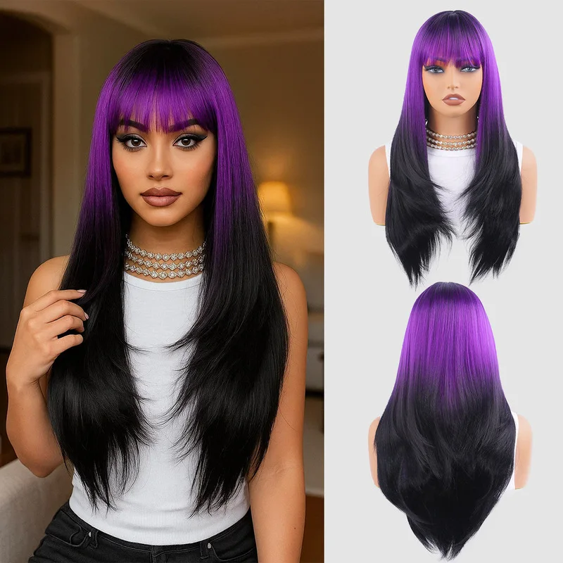 Purple gradient bangs layered medium-length hair face-slimming age-reducing dopamine wig for women