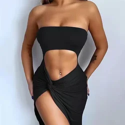 Summer Female Night Party Club Robes Sexy Hollow Out Maxi Dress Women Fashion Sleeveless Slim Solid Tube Chest wrapped dress