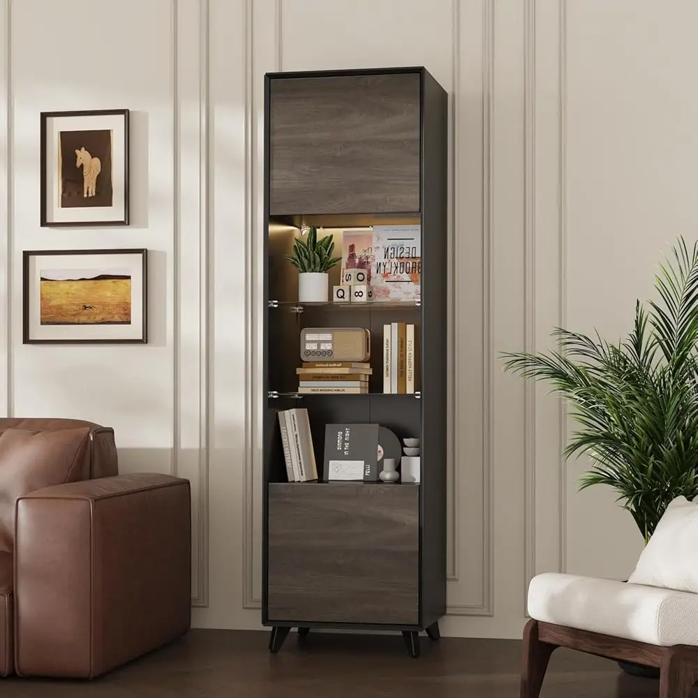 

5-Tier Narrow Bookcase With Light, 67"" H Slim Office File Cabinet Bookshelf With 2 Doors, Floor Standing Tower Ra Display