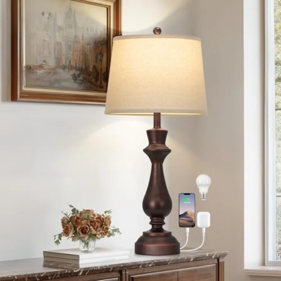 

Vintage Table Lamp for Living Room, 30" Tall Bedside Lamp with USB Charging Port, 3-Way Dimmable Touch Nightstand Lamp for Bedr