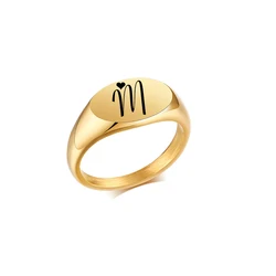 Customize Engrave Signet Rings for Women,9mm Initial Gold Tone Stainless Steel Stamp Ring,Minimalist Metal Name Gifts Jewelry