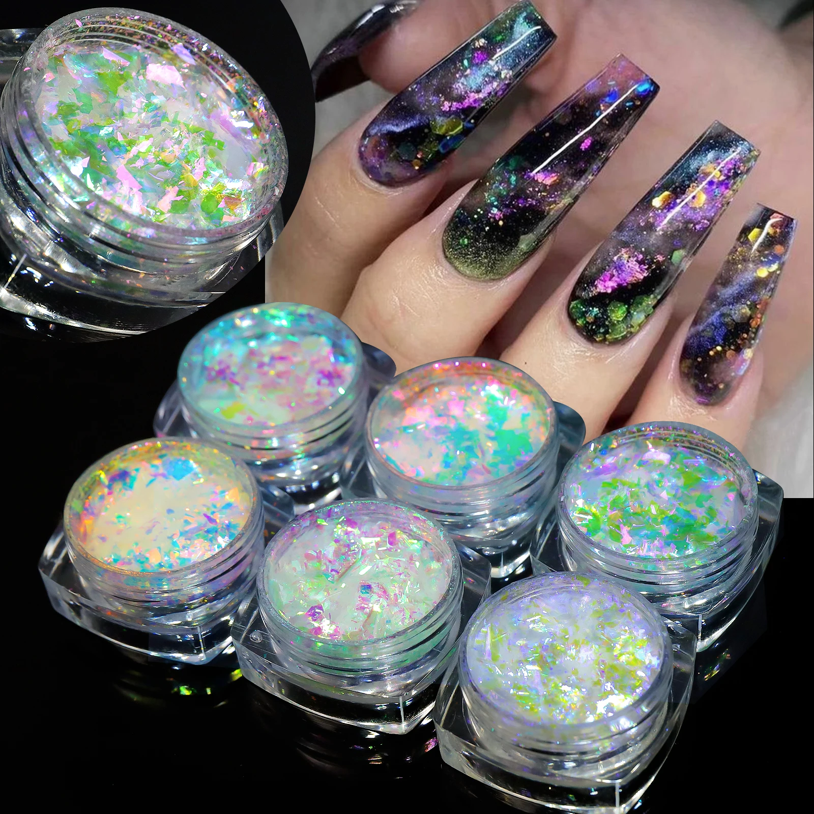 오로라 인어 네일 스팽글 글리터 플레이크 깨진 유리 네온 플레임, 홀로그램 아이스 슬라이스, 페일렛 아크릴 핑크 파우더 네일 아트