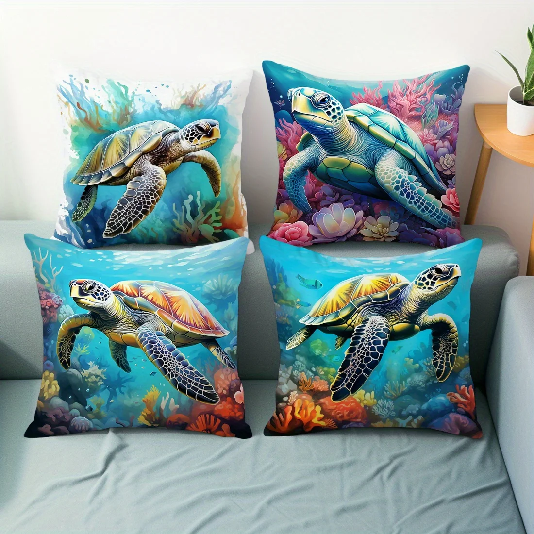 4pcs Sea Turtle Pillow Covers 45x45cm Double-sided Printed Cushion Cases Ocean Life Home Decor Throw Pillowcases No Insert