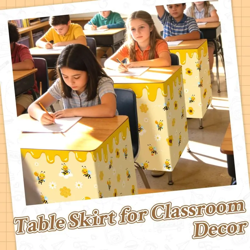 VIKAMA Cute Bee Daisy Desk Skirt Hook and Loop No Drill Table Cover Teacher Student Desk Cabinet Bookcase Classroom Decor