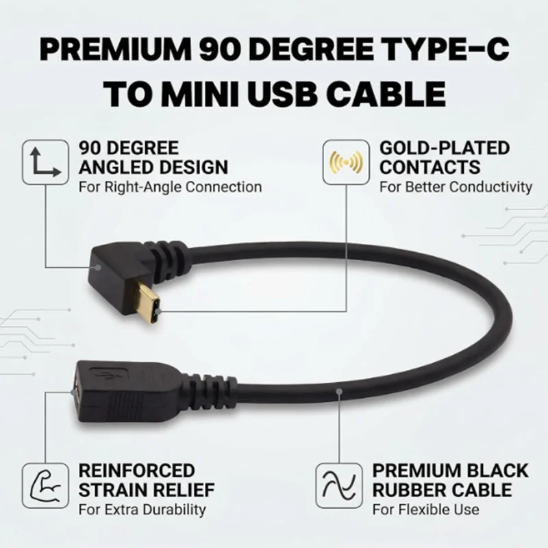 9.5inch/25cm Gold-Plated USB 90 ° Bend Type-C Male To Mini 5Pin Female Phone Data Charging Adapter Cable
