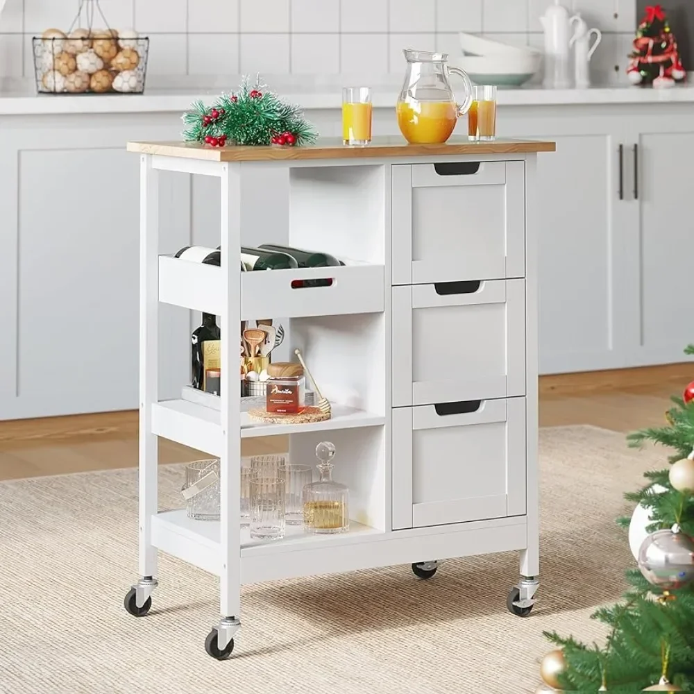 

Kitchen Island Cart on Wheels with Storage, Dining Room Serving Utility Carts Mobile Movable,with 3 Drawers Cabinet,