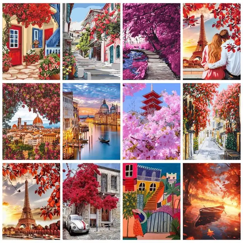 

CHENISTORY DIY Tower Pictures By Number Kits Home Decor Painting By Numbers House Landscape Drawing On Canvas HandPainted Art Gi
