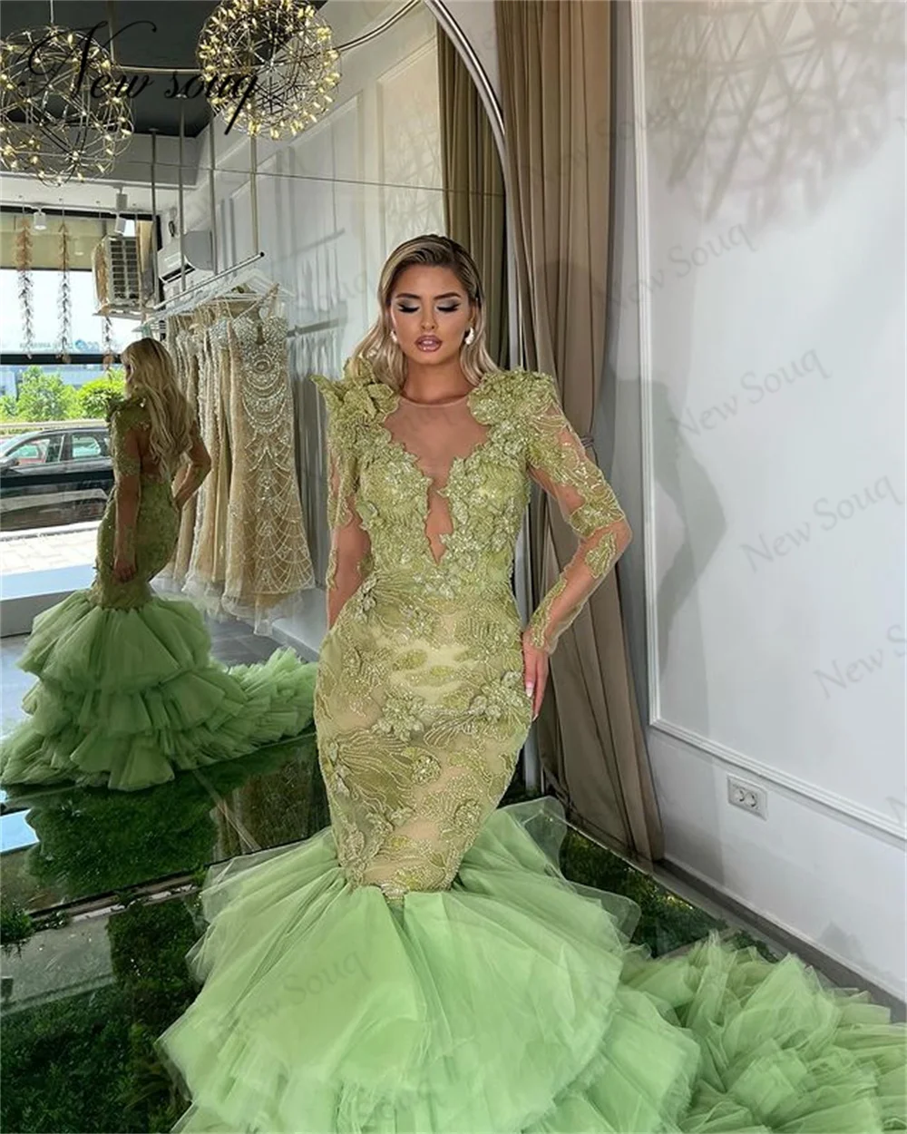 Green Long Sleeves Evening Dresses Middle East Mermaid Beading Appliques Party Cermony Dress Arabic Female Birdal Prom Dress