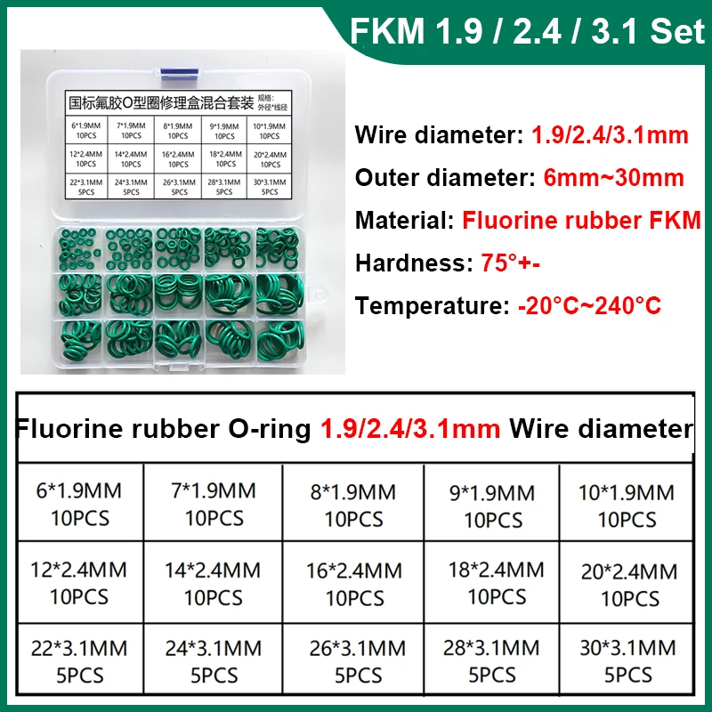 CS 1mm~3.1mm FKM Fluorine Oxygen O-ring Seal Ring Oil Resistant High Temperature Corrosion Fluorine Rubber Seal Combination Box