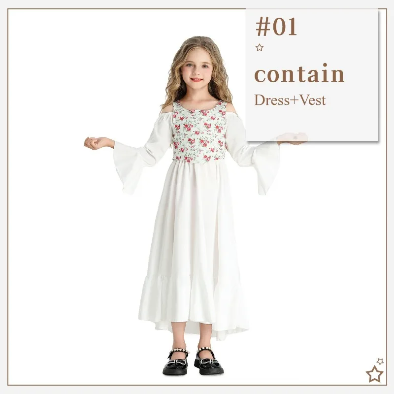 

Girls Medieval Vintage Dress Ruffled Floral Cossplay Renaissance Cosplay Costume Halloween Theme Party Role Playing Outfits