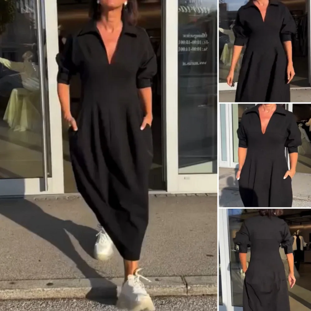 

Fashion New Womens Loose Fit Long Dress V Neck High Waist Flowy Elegant Tunic Stylish Casual Summer Outfit Dress