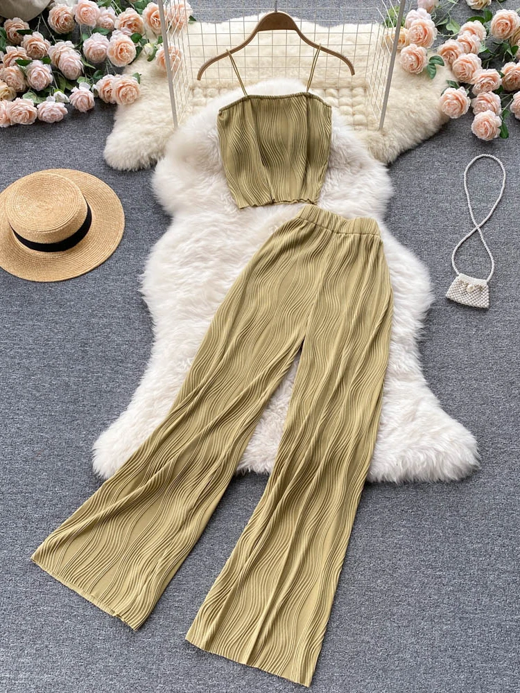 Women Summer Fashion Pants Set Spaghetti Strap Short Tops & High Waist Long Pants Two Piece Suits