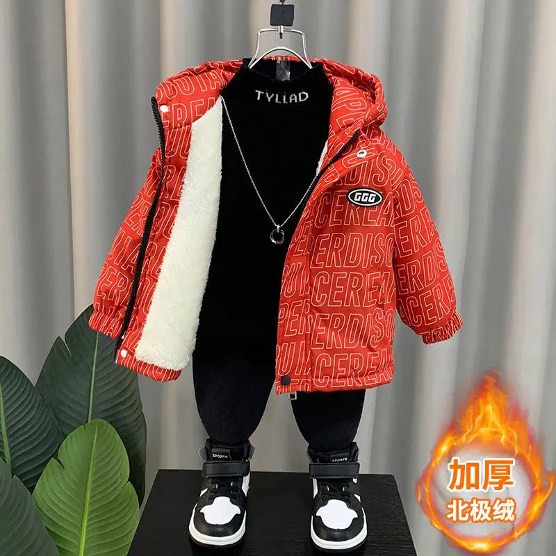 Boys Down Coat Jacket Cotton Outerwear Windbreak 2023 Red Thicken Velvet Winter Warm Children\'s Clothing -10 Degrees Below Zero