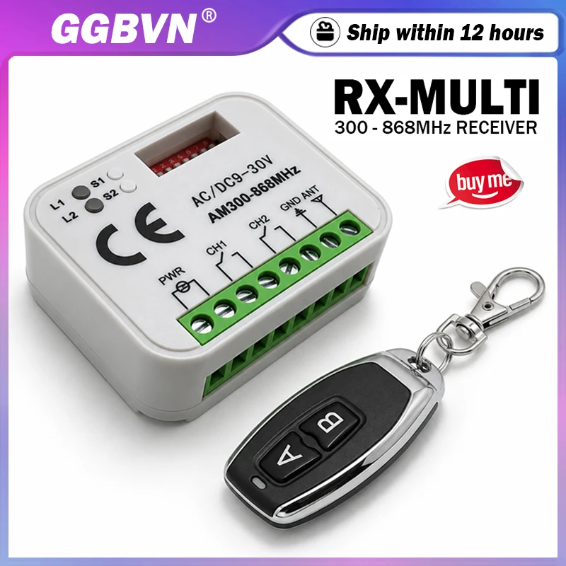 RX MULTI 868MHz 433MHz Universal Garage / Gate Remote Control Receiver 2CH Opener 300-868MHz AC/DC 9-30V Switch Gate Controller