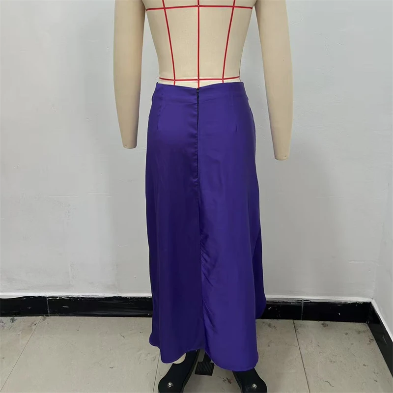 KEYANKETIAN letnia nowa damska fioletowa satynowa spódnica MIDI zamek błyskawiczny z tyłu wysoka talia plisowana dekoracja boczne rozcięcie spódnica do kostek