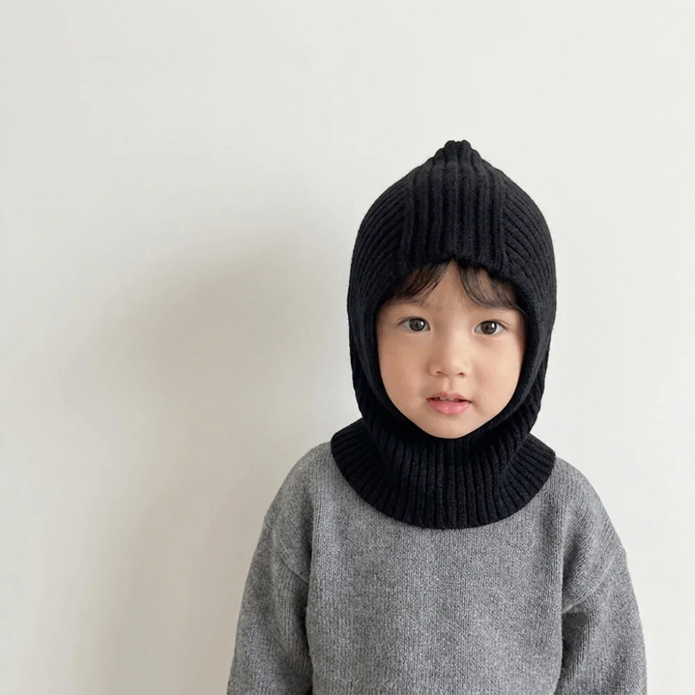 Cute Solid Color Scarf Integrated Hat Plush Wool Children Hooded Hat Windproof Knitted Kids Balaclava Hat Skiing