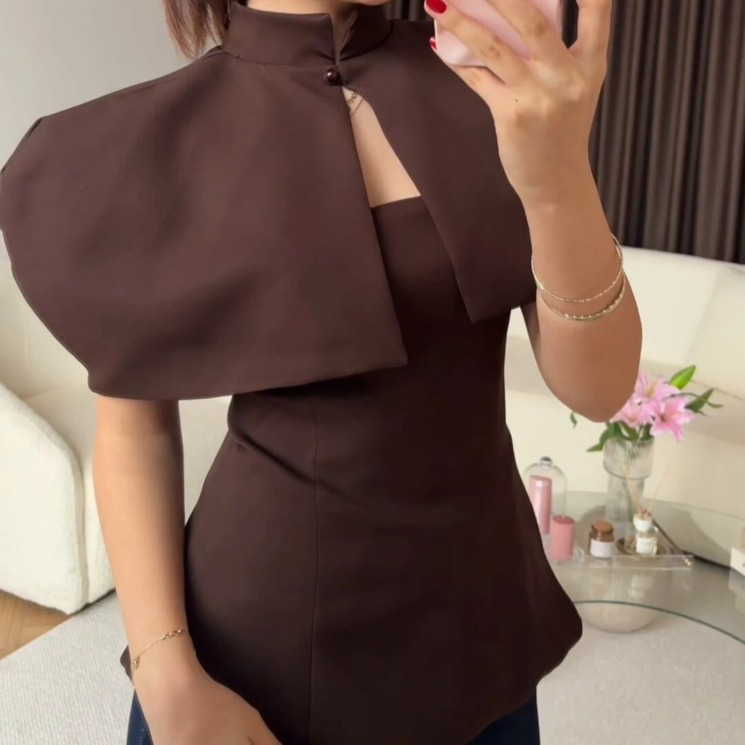Tops Women Two Piece Sets Top Stand Collar Short Sleeve Starpless Sleeveless Shawl Y2k Streetwear Tight Waist Elegant Overcoat
