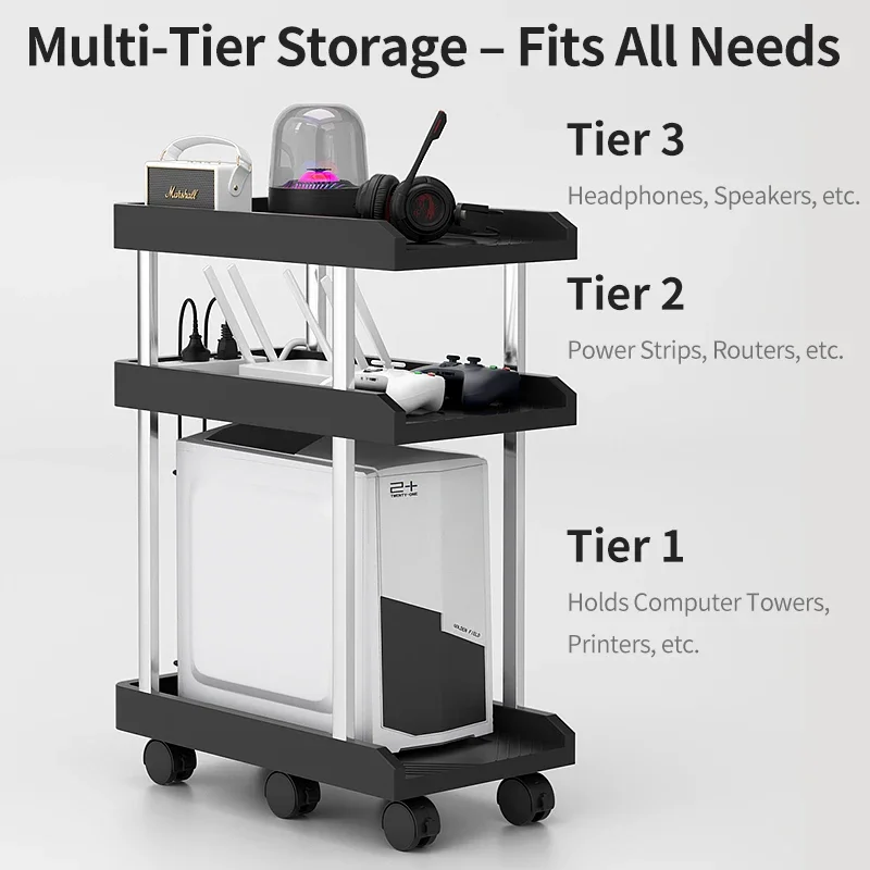 Adjustable Height Mobile CPU Stand Printer Shelf With Wheels Strong Load Capacity For Desktop Computer Tower Printer Office Use