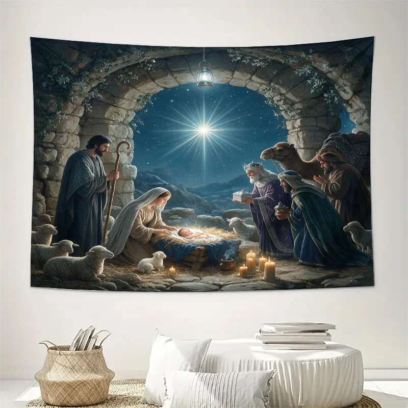 Semi-Sheer Translucent Nativity Window Curtain Christmas Religious Art Drapery Panel Biblical Scene Home Decor Seasonal Holiday