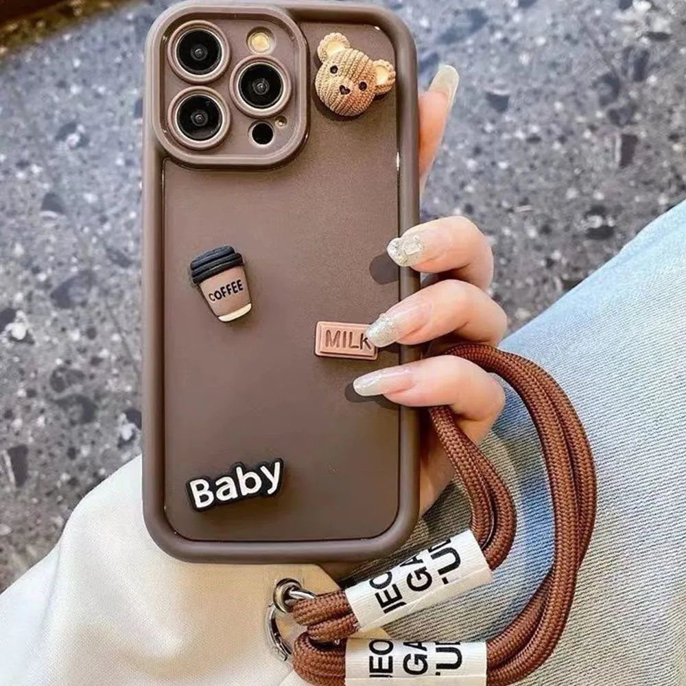 DIY Coffe Bear With Hand Strap Phone Case For iPhone 15 14 13 12 Pro Max 11 Pro XSMAX 7 8 Plus SE 2020 Soft Slicone Back Cover