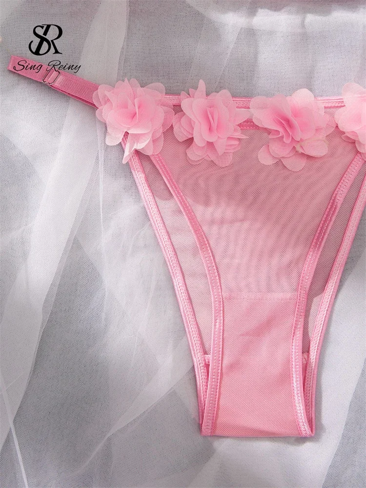 SINGREINY 3D Floral Mesh Sexy Lingerie Suits Bow Strap Slim Corset+Mini Briefs Ladies American Sheer Underwear Two Pieces Sets