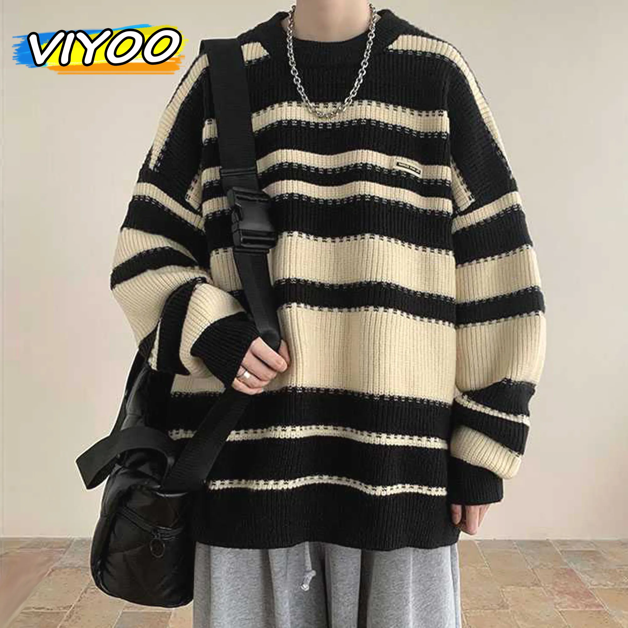 Men's Y2K Thick Knit Knitwear Striped Sweater Pullovers Couple Cold Blouse Tops Women Korean Winter Autumn Clothes Sweatshirts