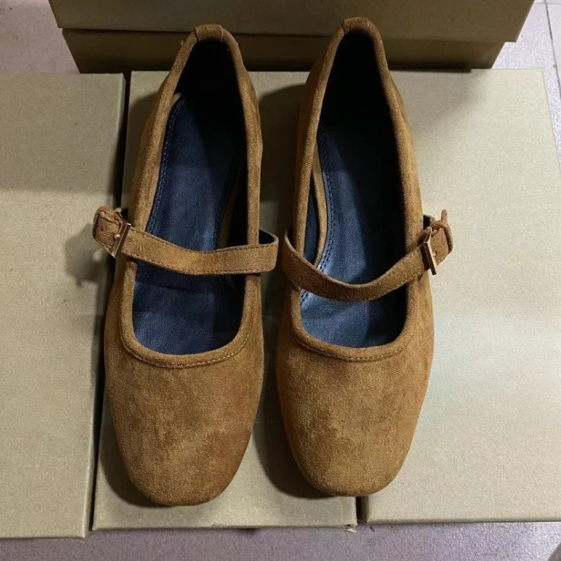Walking Women's Mary Janes Shoes 2025 Spring Round Toe Soft Faux Suede Retro Brown Luxury Designer Girl Barefoot Ballet Flats — zdjęcie 4