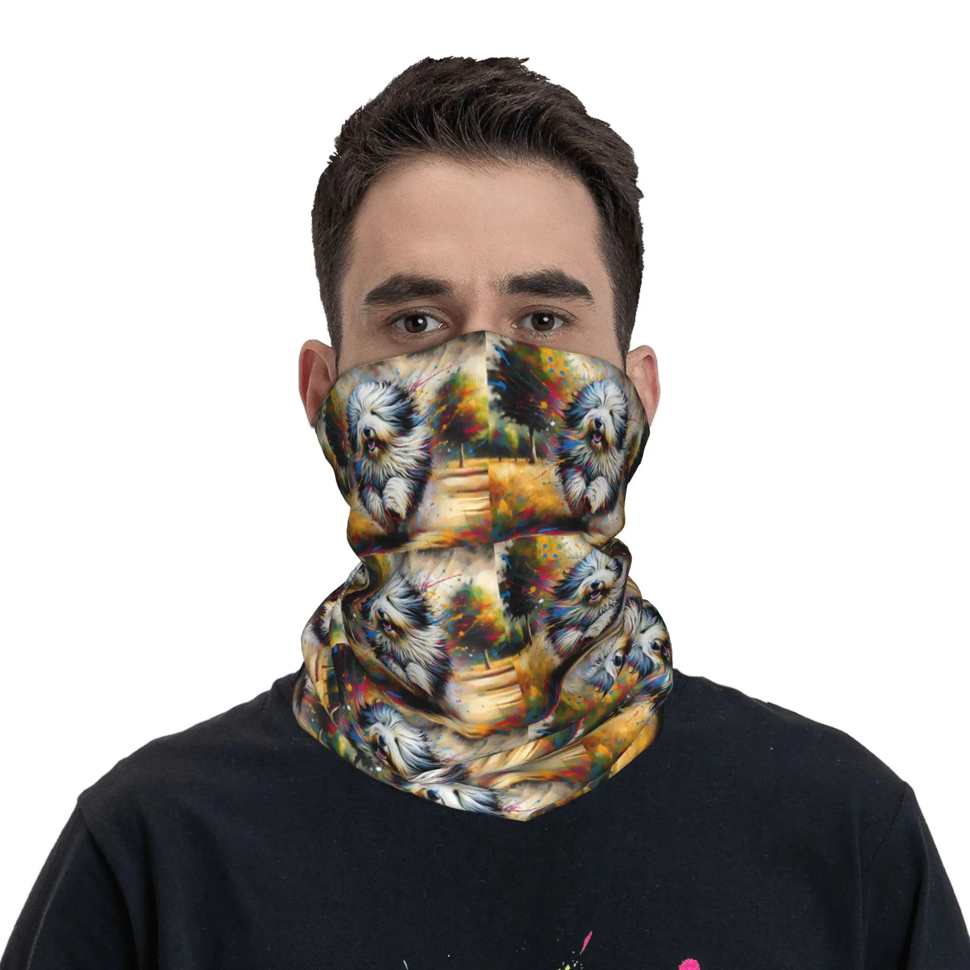 Pañuelo acrílico con retrato de perro pastor inglés antiguo, cubierta para el cuello, máscara envolvente estampada, bufanda, pasamontañas multiusos para ciclismo, lavable Unisex