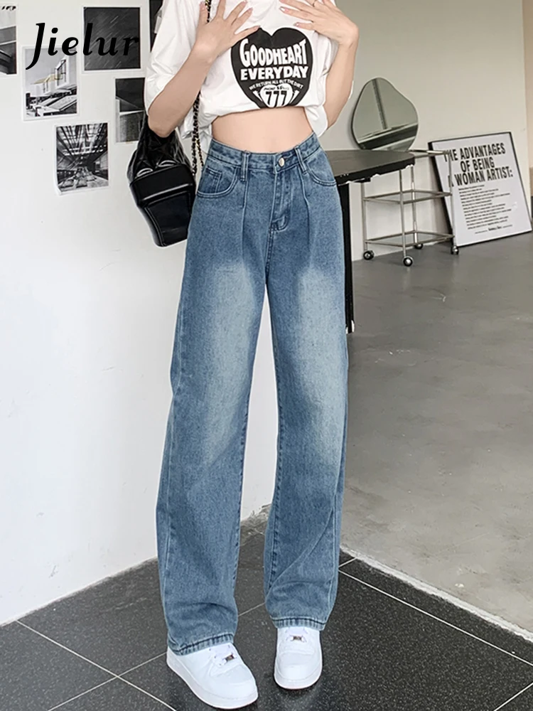 

Jielur Retro Hot Girls Straight Blue Jeans Women Autumn New High Waist Pants Female Simple Basic Slim Wide Leg Jeans Korean S-XL