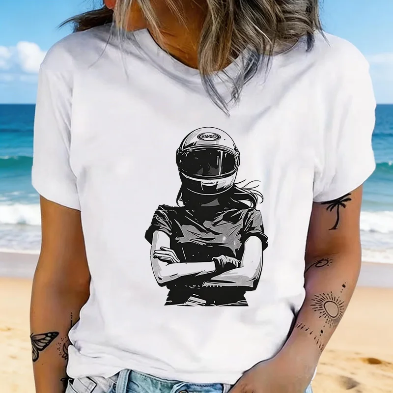 A Fun Printed Women‘s T-shirt Casual Crew Neck Short Sleeve T Shirt Clothing 90s A Cool Design for Motorcycle Riders Tops Tees