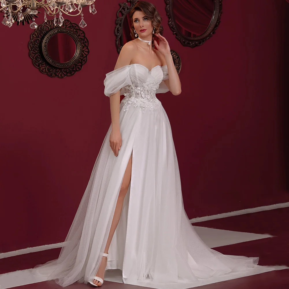 

Charming Sweetheart Side Slit Wedding Dress Women Tulle A-Line Appliques Pearls Off the Shoulder Bridal Gowns Customized