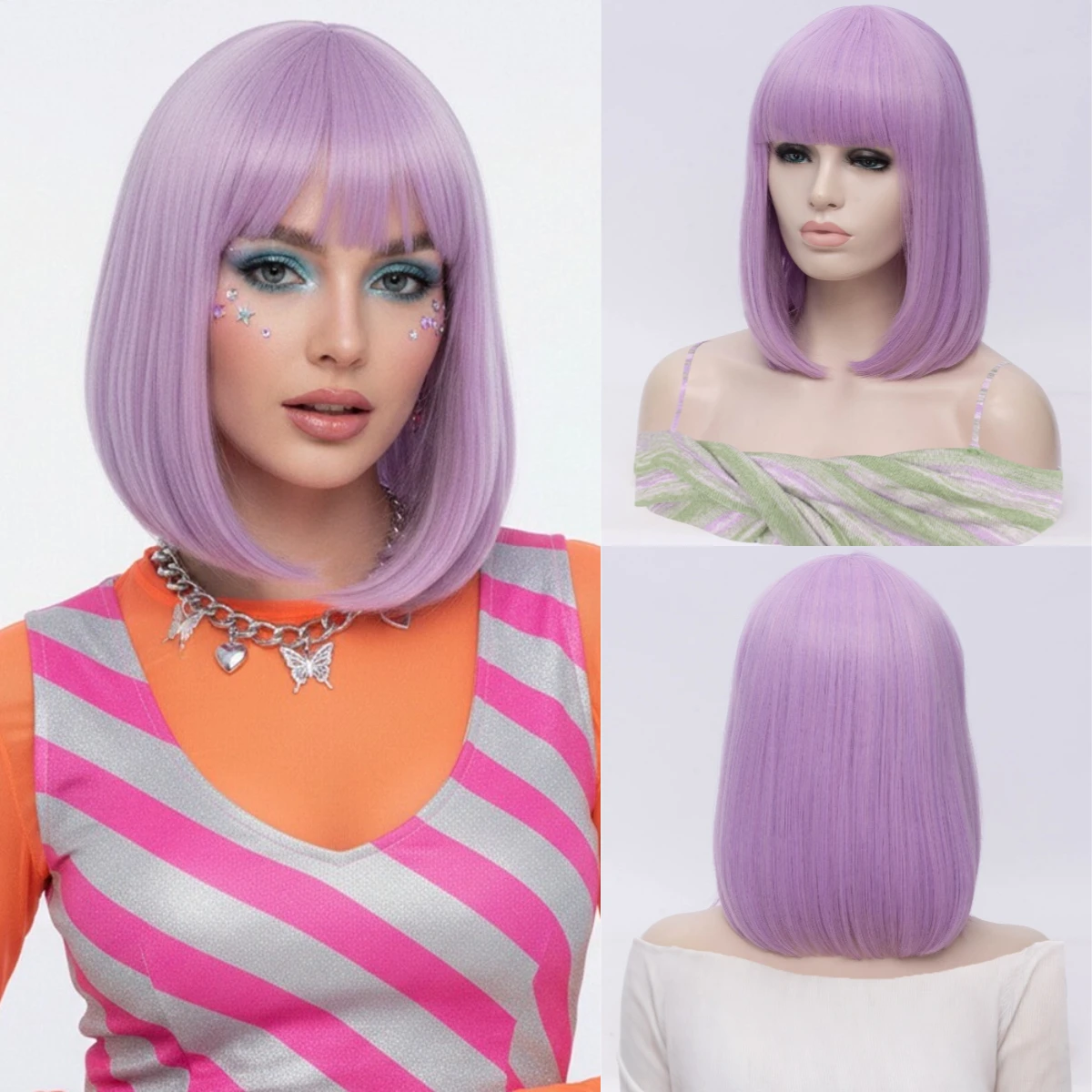 Light Purple Short Straight Synthetic Wig with Bangs Bob Hair Wigs for Women Heat Resistant Cosplay Daily Party
