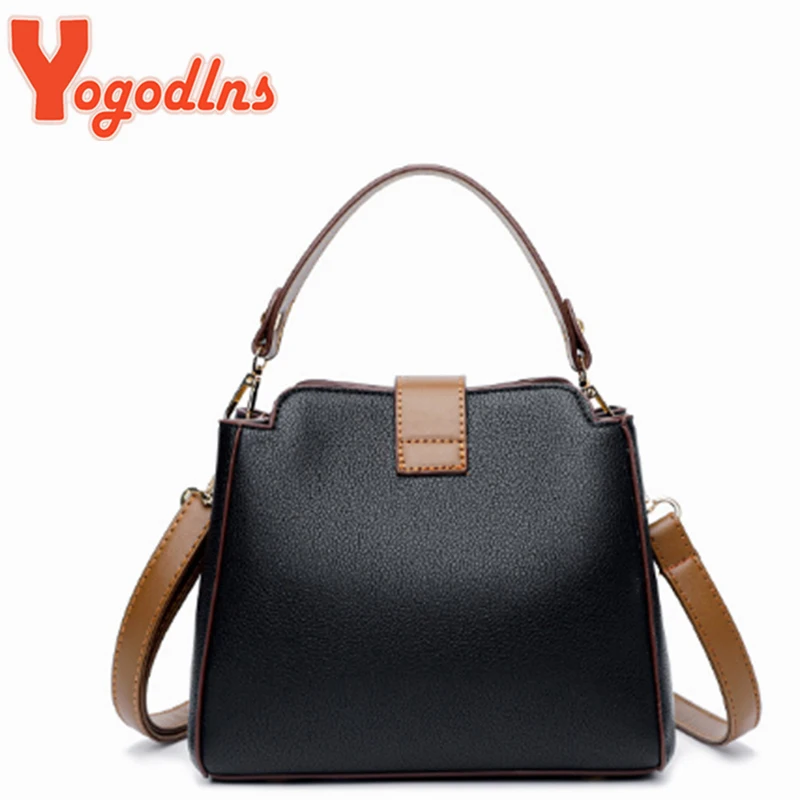 Yogodlns Luxury Splicing Handbag For Women PU Leather Bucket Shuolder Bag Fashion Handle Bag Brand Shopping Mommy Crossbody Bag