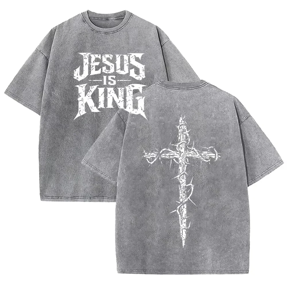 Asian Size Jesus Is King Cross Graphic Washed T Shirt Vintage Distressed Oversized Short Sleeve Streetwear Tee