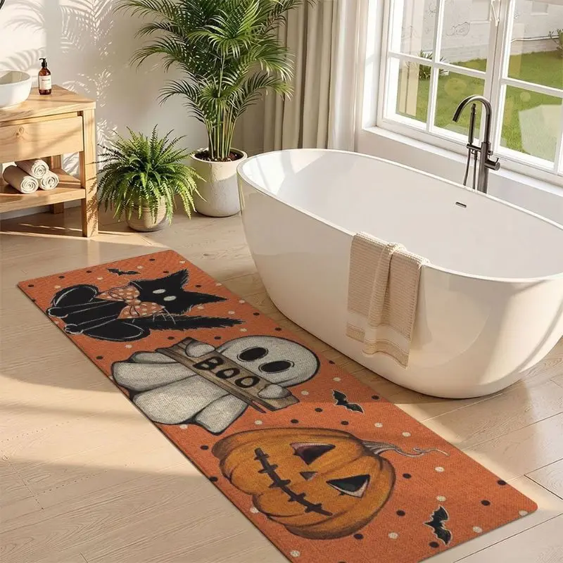 VIKAMA Orange Polka Dot BOO Ghost Rug, Cute Halloween Non-Slip Carpet, Aesthetic Bedroom Kitchen Fall Holiday Decor