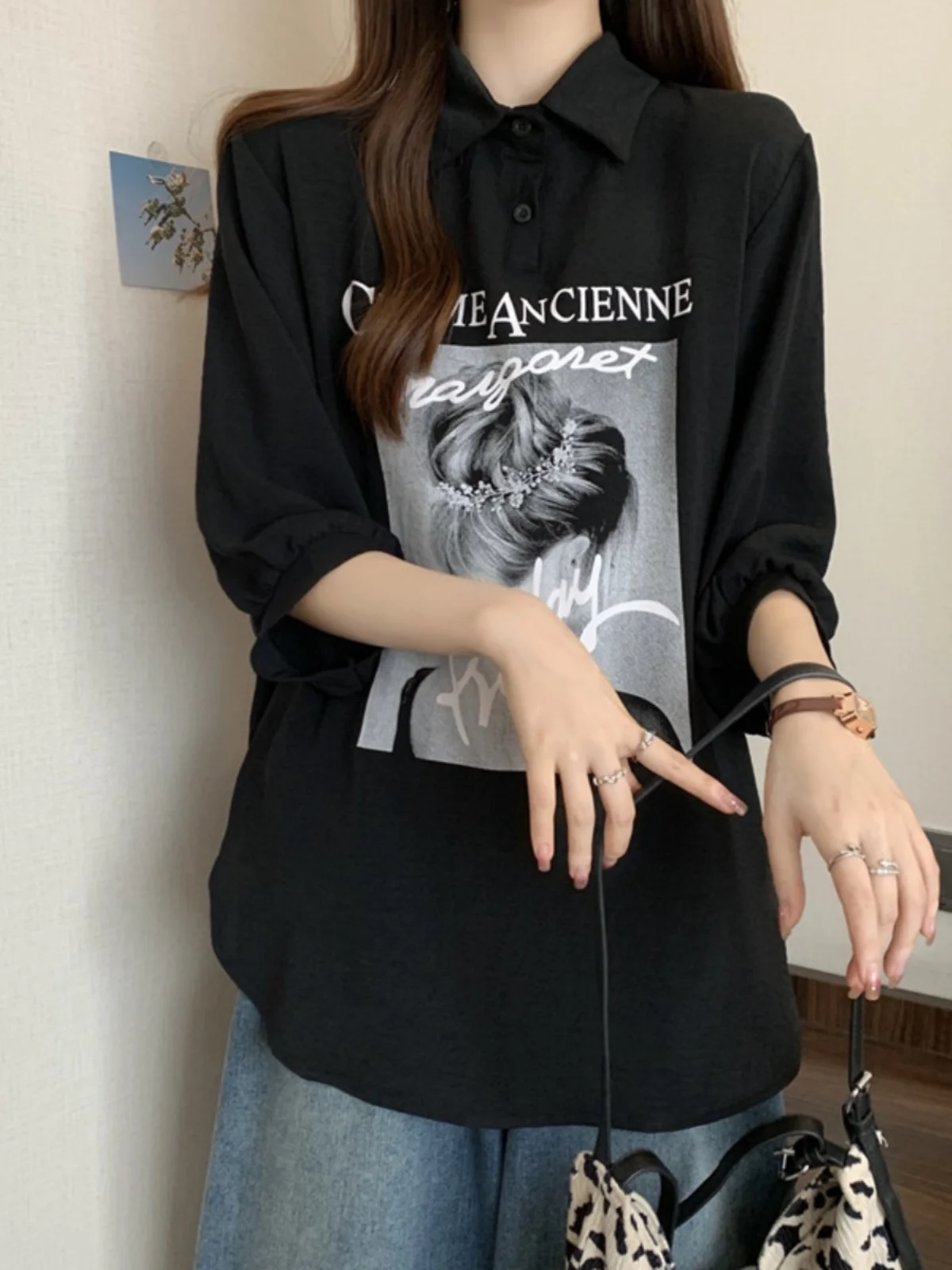 Taglie forti Stampa estiva irt Vestibilità ampia Colletto Five Sve Casual Top Perdita di peso Rafforzamento della pelle Coreano Sle Pendolarismo