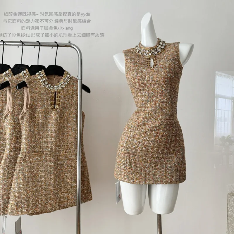 High Quality French Luxury Diamonds Small Fragrance Tweed Dress For Women Vintage Elegant Sleeveless Sexy Short Dresses Vestidos