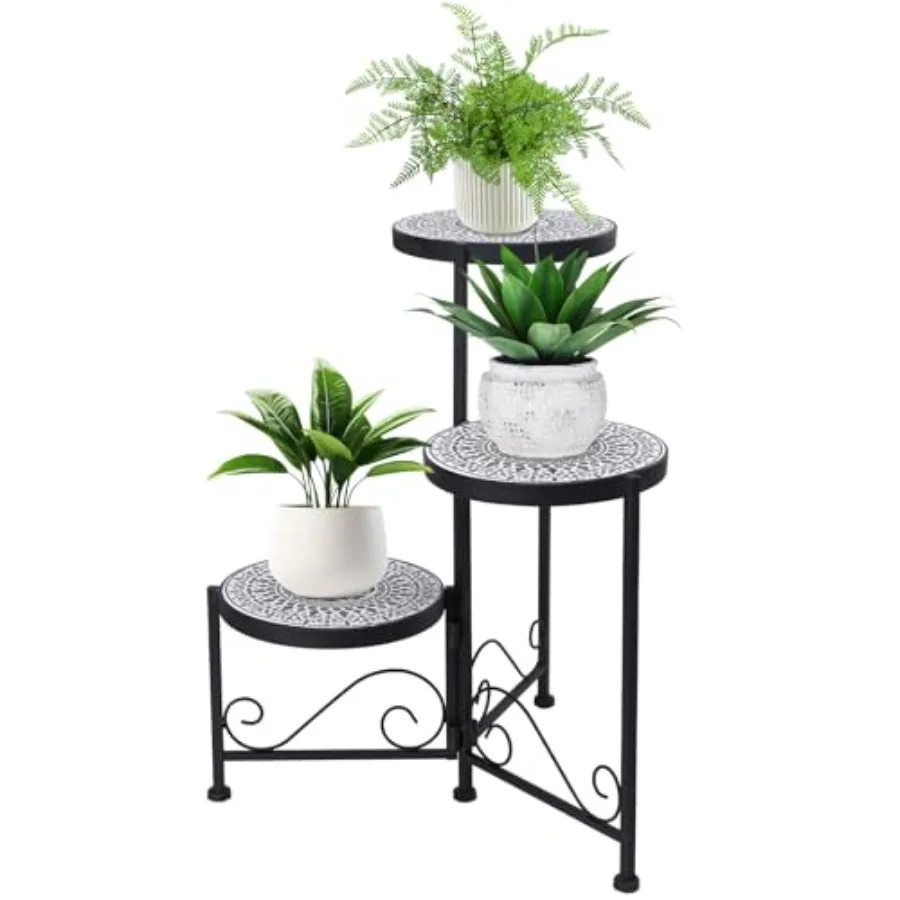 3 Tier Mosaic Plant Stand Foldable Corner Shelf for Indoor Outdoor Tall Plant Holder Display Rack for Patio Balcony Living Room