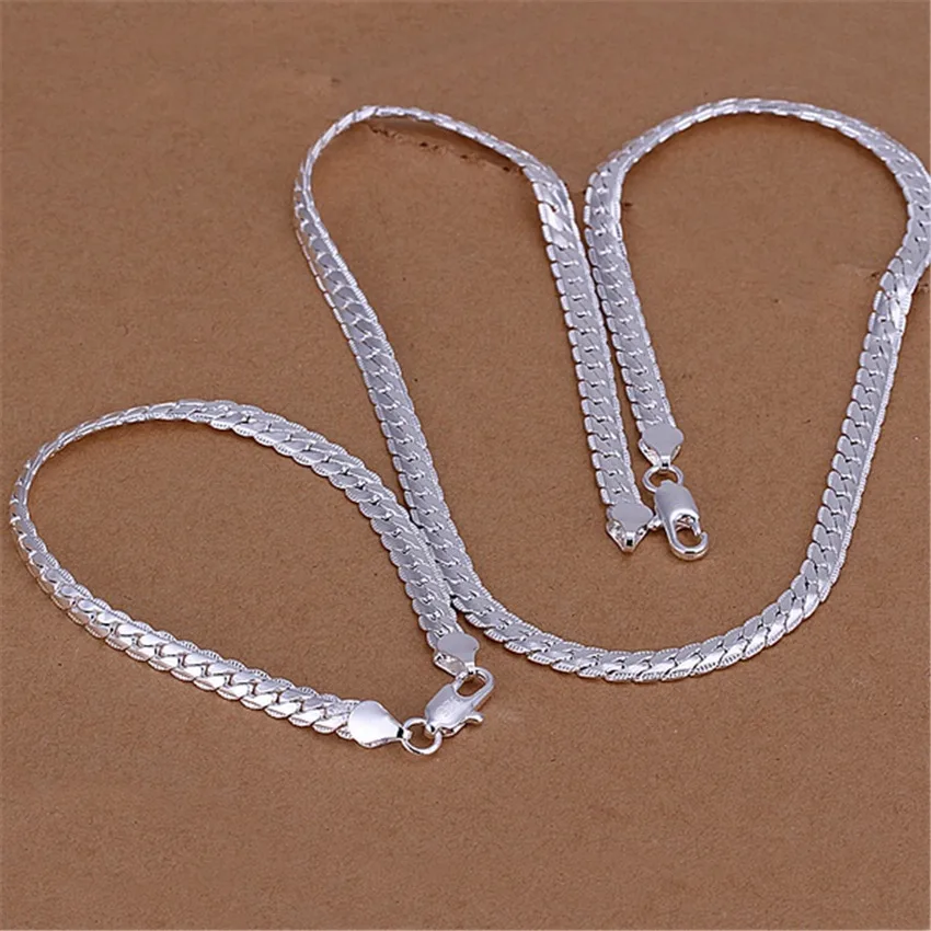 925 Silver Fine 2pcs 6MM 18/20/22/24 Inches Side Chain Bracelet Necklace For Women Fashion Hip Hop Punk Jewelry Set Accessorie