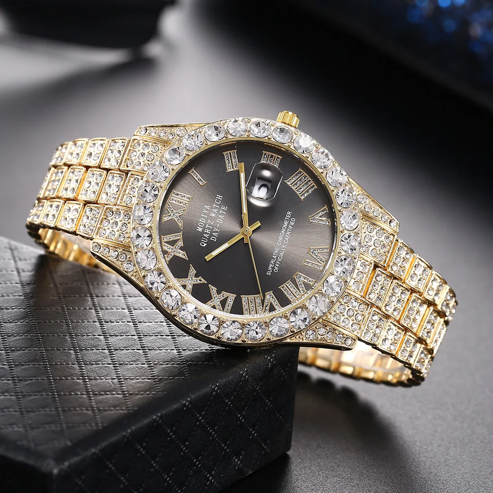 Luxury Classic Golden Men\'s Steel Strap Roman Scale Rhinestone Calendar Quartz Watch Fashion Male Wristwatch Relogio Masculino