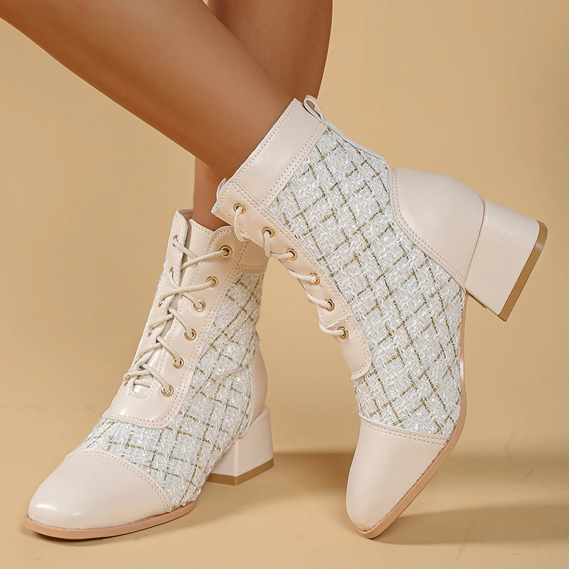 Fashion Women's Chunky Heels Ankle Boots Autumn Winter Lace Up Square Toe Short Boots Woman Patchwork High Heel Botas Mujer 2025