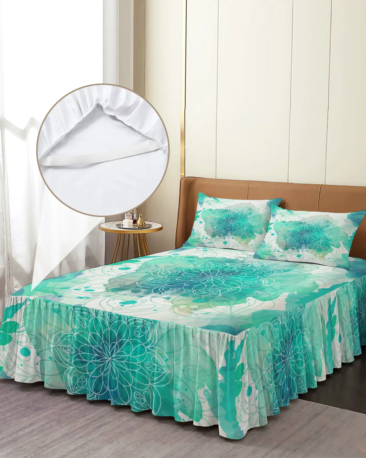 Mandala Pattern Watercolor Skirt Elastic Fitted Bedspread With Pillowcases Mattress Cover Bedding Set Bed Sheet