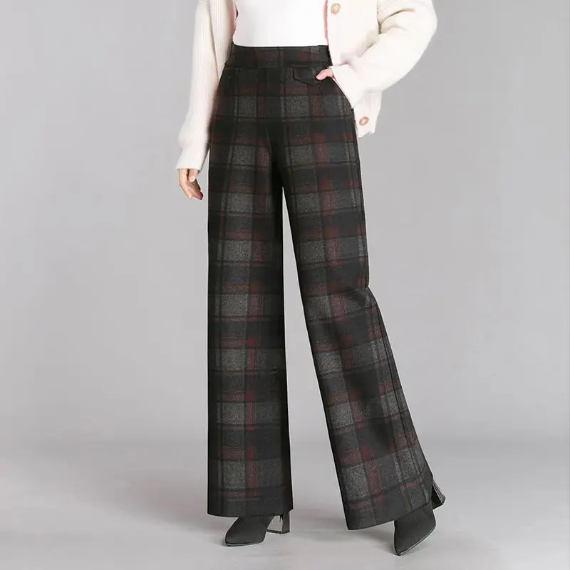 

2024 Fashion Keep Warm Pants Thick Plaid Women Winter Casual Loose Wide Leg Trousers England Style Straight Student T211